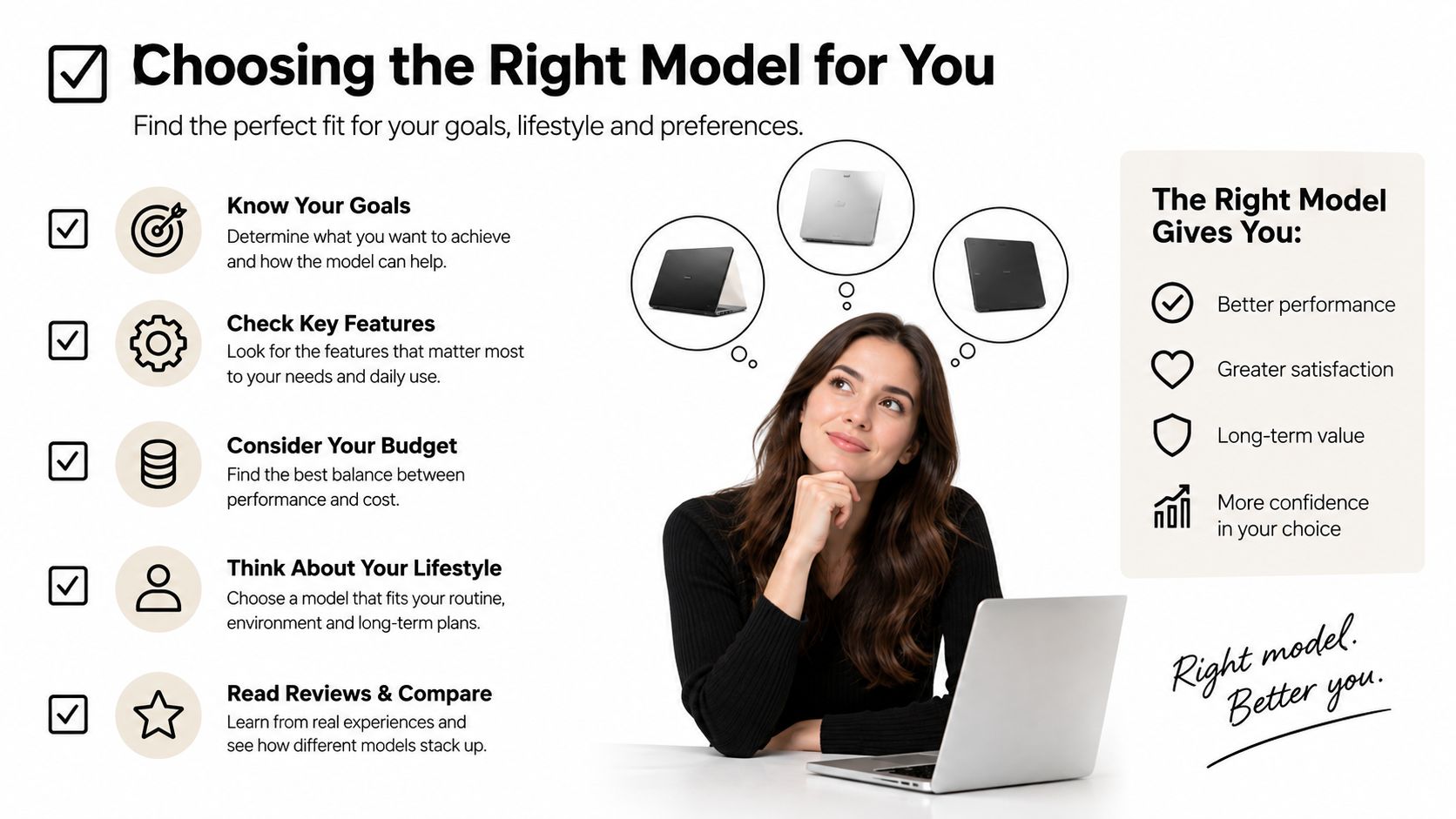 A woman thinking about choosing the right chair model with tips on goals, budget, and lifestyle.
