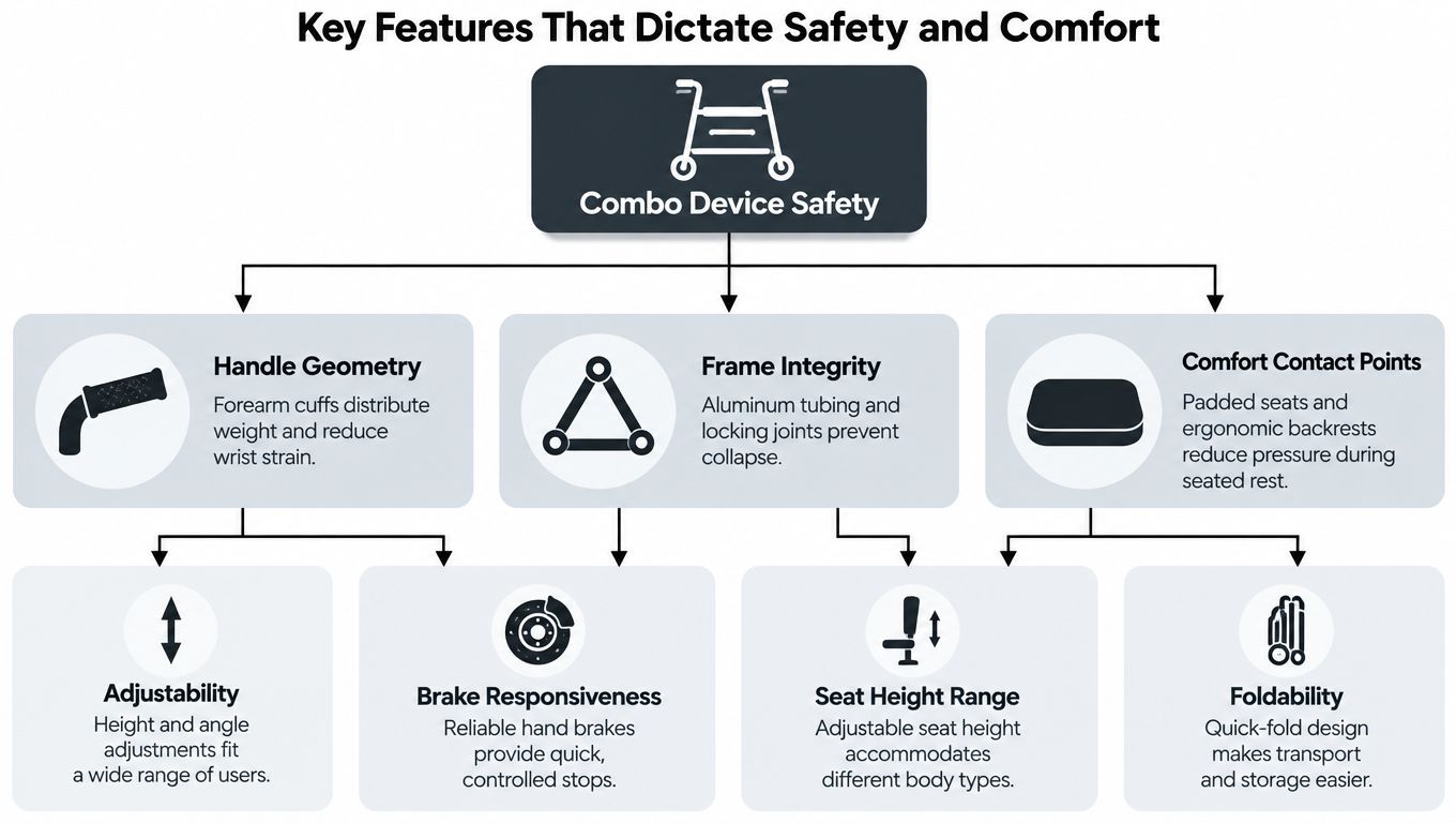 A diagram illustrating the key features that contribute to the safety and comfort of combo wheelchair walkers.