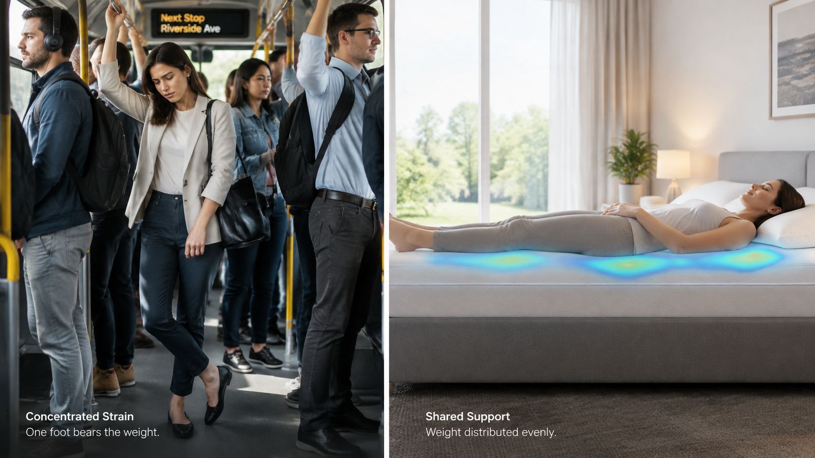 A split image contrasting a crowded bus scene of people standing with a woman lying on a mattress.