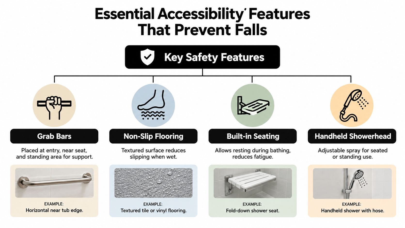 A diagram illustrating essential bathroom accessibility features like grab bars, non-slip flooring, seating, and handheld showerheads.