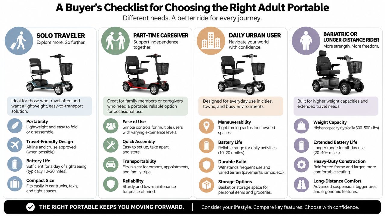 A buyer's checklist infographic comparing four types of portable mobility scooters for different adult user lifestyles.