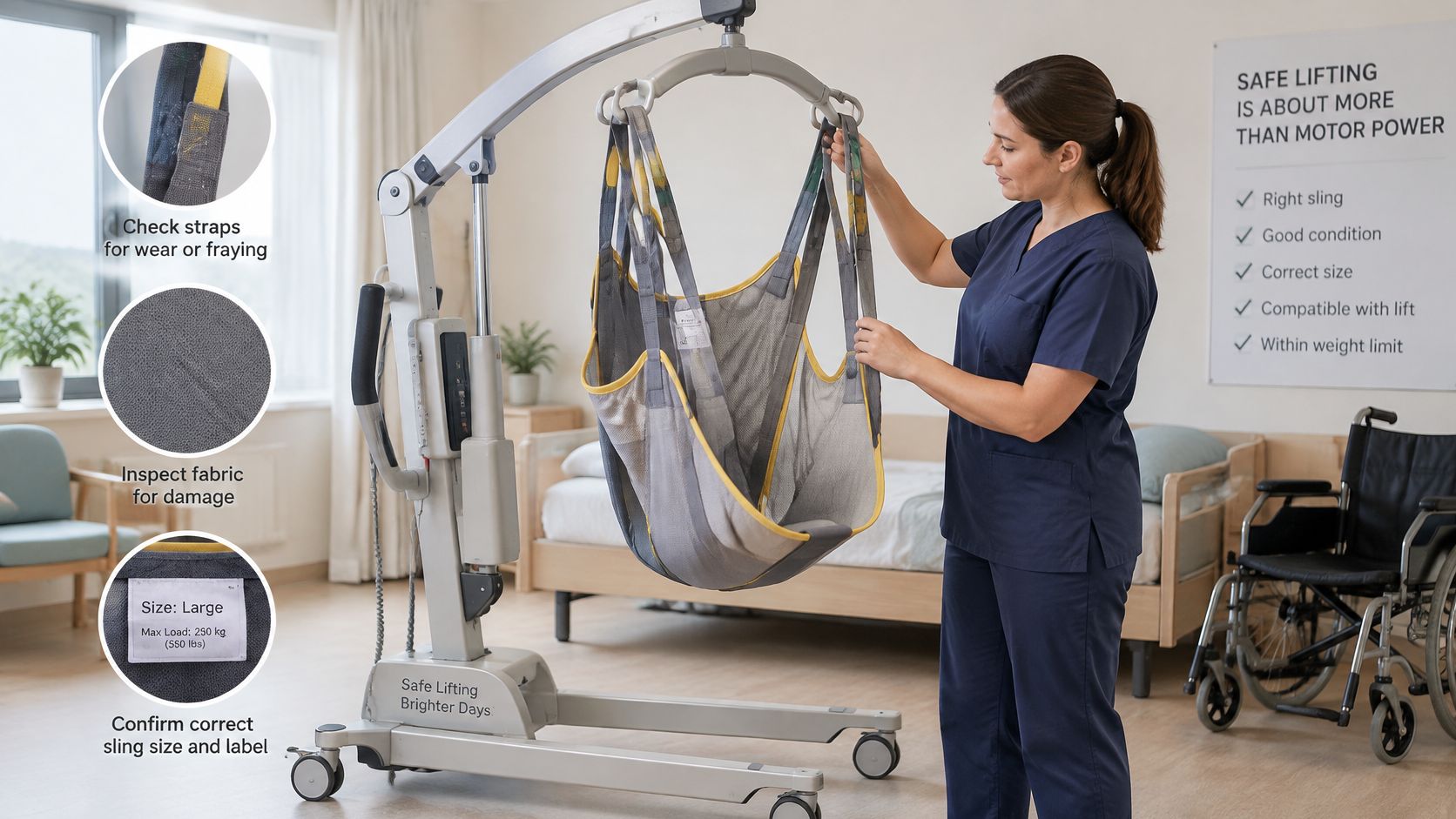 A healthcare worker demonstrates safe patient lift inspection by checking sling straps and fabric for potential damage.