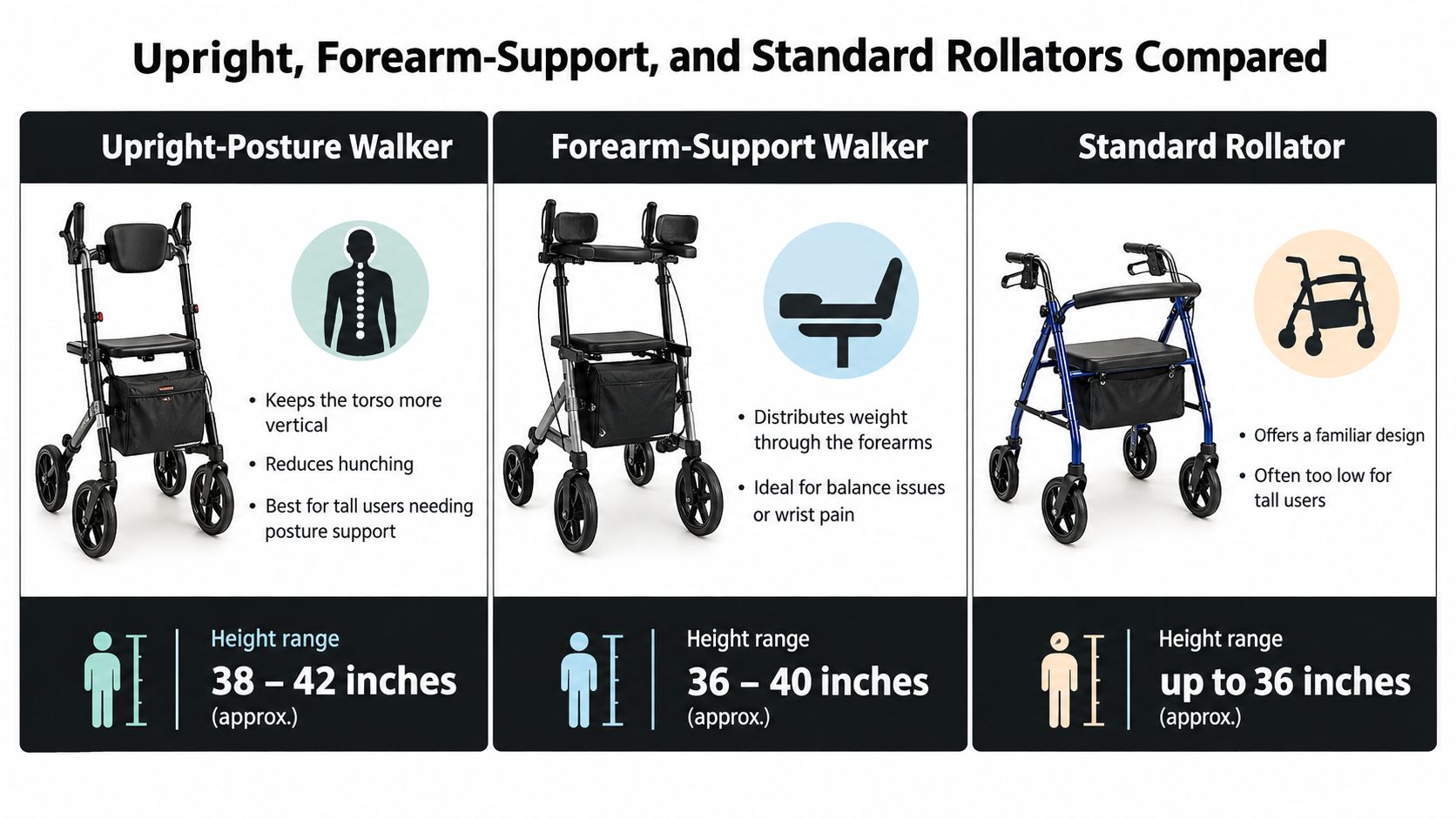 A comparison chart showing features and height ranges for upright, forearm-support, and standard rollator walkers for seniors.