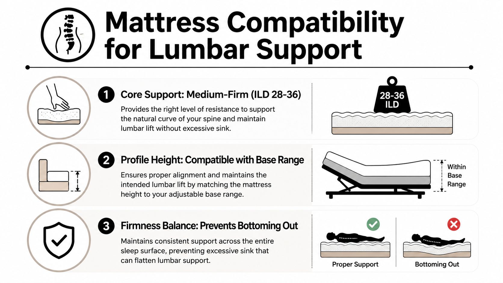 An infographic showing mattress compatibility requirements for lumbar support, including firmness, profile height, and preventing bottoming out.