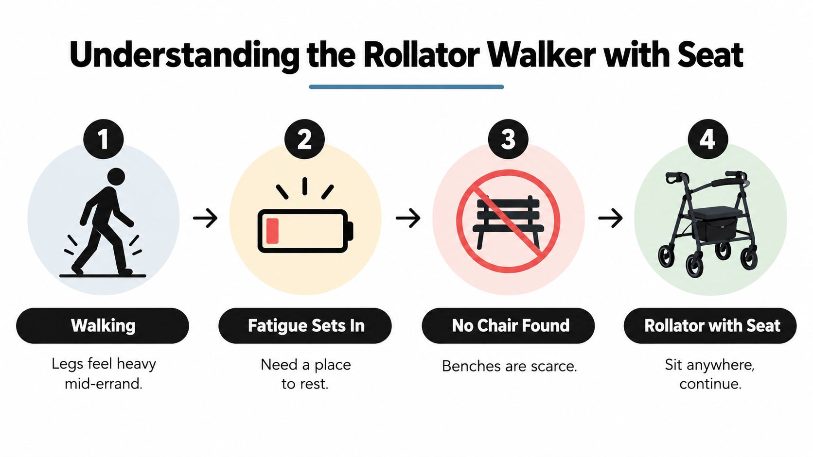 A four-step infographic illustrating the benefits of using a rollator walker with a seat for resting.