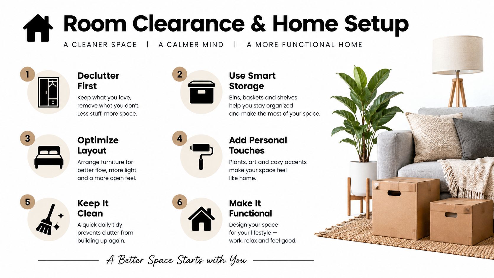 An infographic titled Room Clearance and Home Setup featuring six steps for organizing and arranging a home.