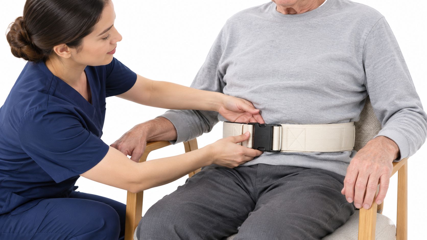 A healthcare professional securely fastening a white gait transfer belt around an elderly man's waist.