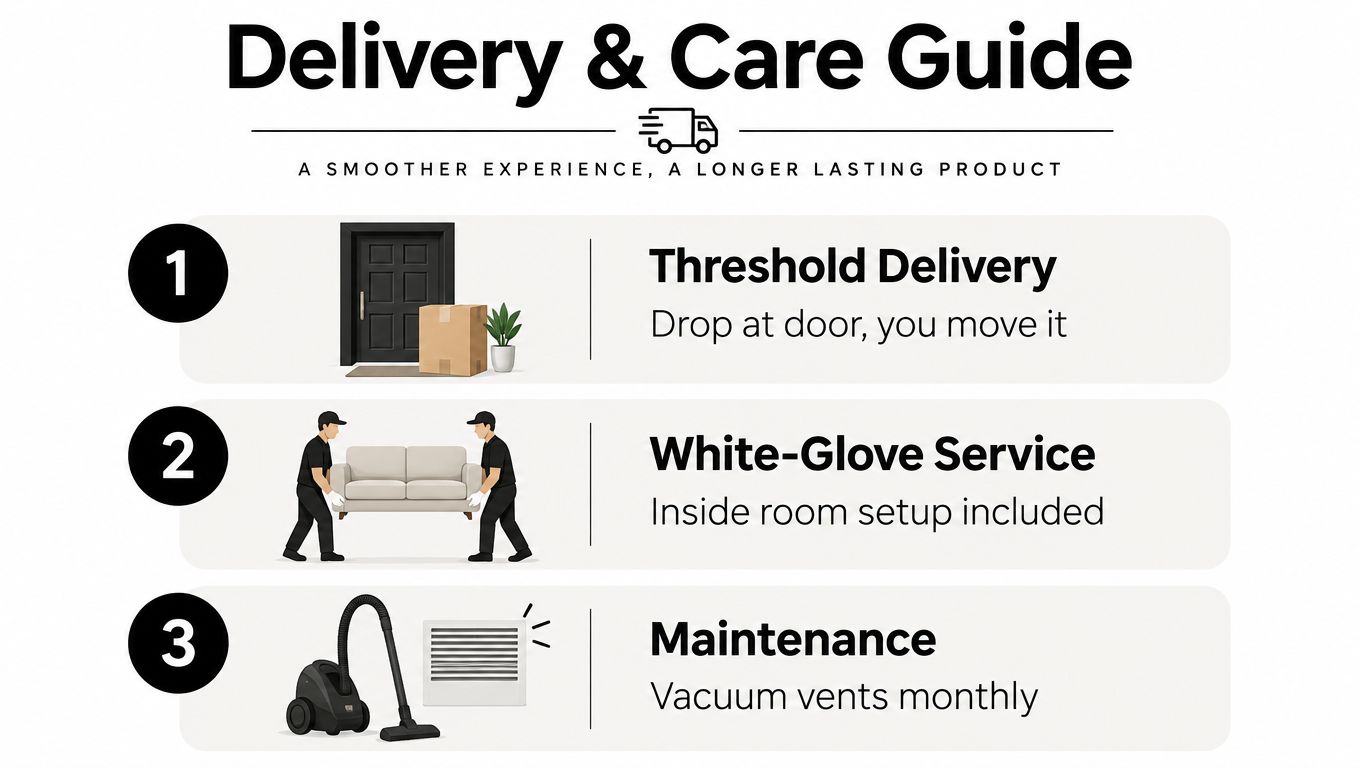 A guide illustrating three steps for delivery and product maintenance, featuring door delivery, furniture setup, and vacuuming.