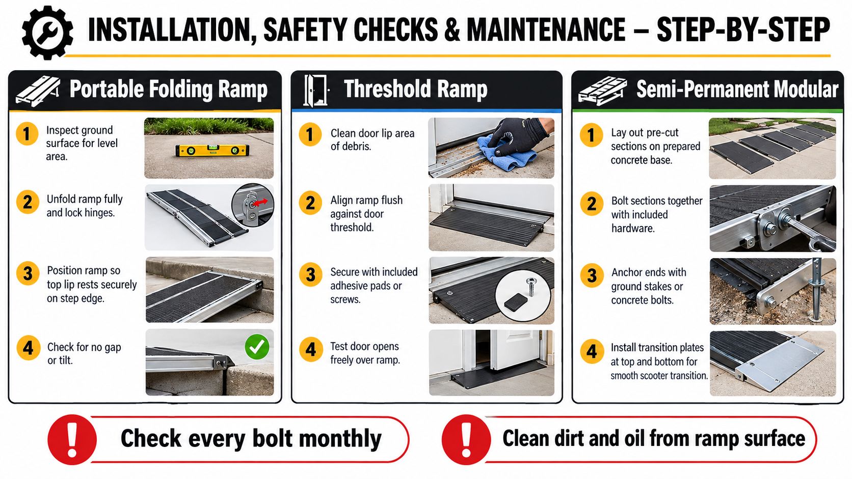 An instructional infographic detailing step-by-step installation and safety maintenance for portable, threshold, and semi-permanent modular mobility scooter ramps.