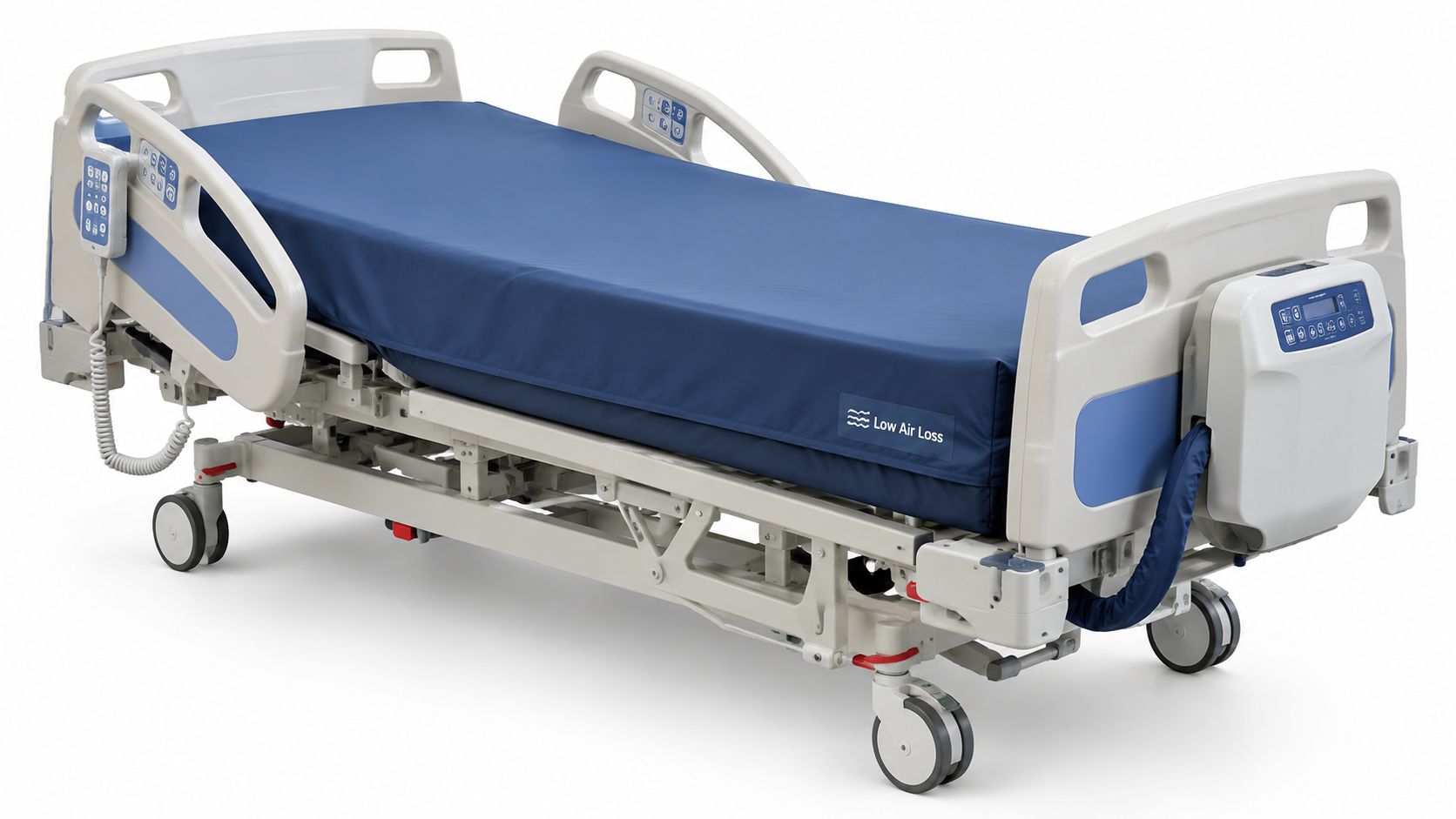 A modern hospital bed equipped with a specialized blue low air loss mattress for patient pressure relief.