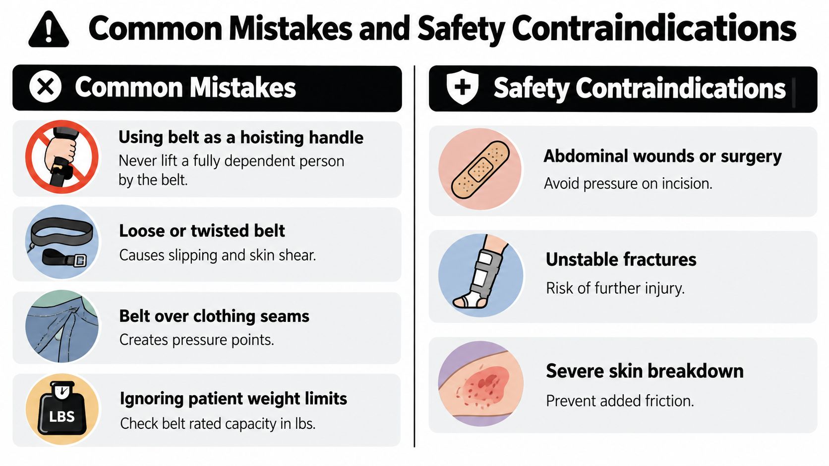 An infographic detailing safety precautions, common mistakes, and contraindications for using patient transfer gait belts.