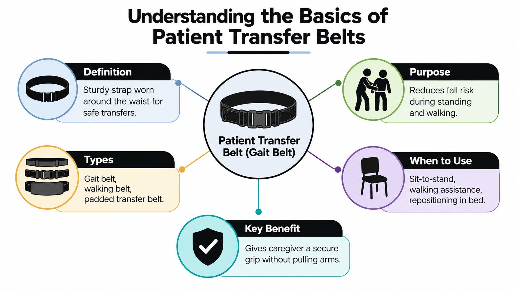 An infographic titled Understanding the Basics of Patient Transfer Belts, detailing their definition, purpose, types, and benefits.
