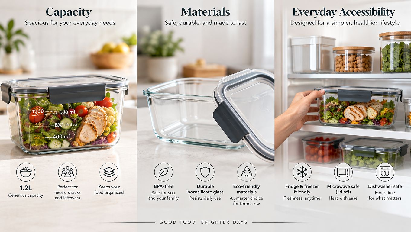 A glass food storage container with a grey lid, demonstrating its capacity, durable materials, and dishwasher-safe convenience.
