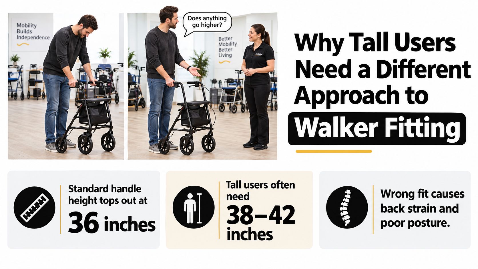 A man testing a walker that is too short, highlighting the importance of proper sizing for tall users.