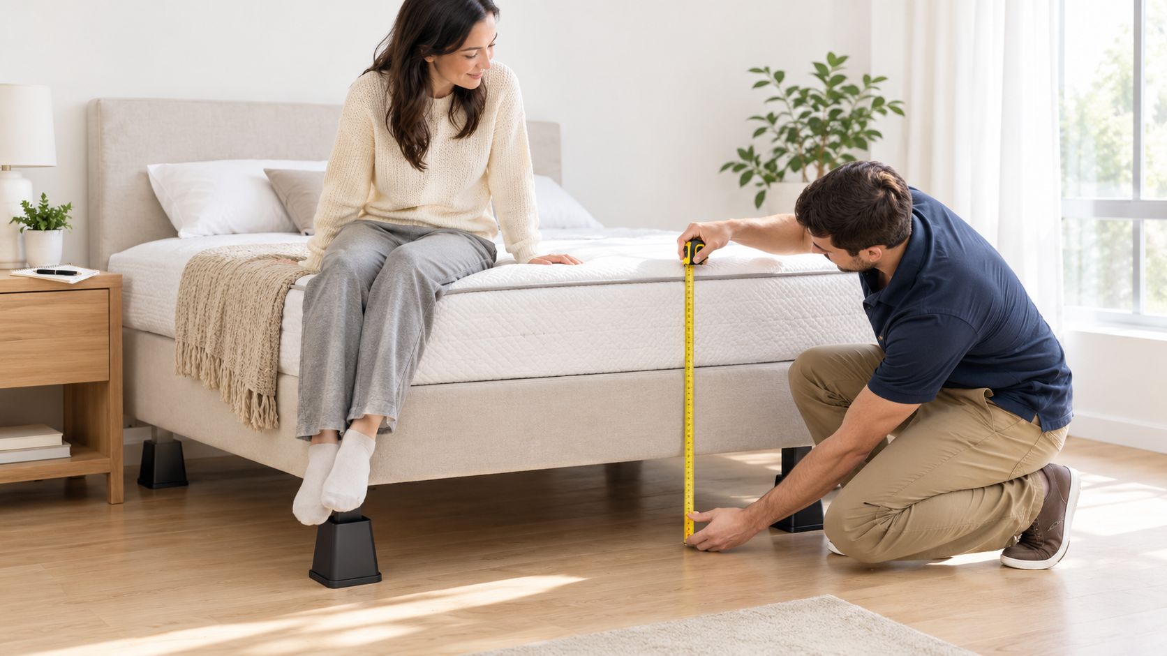 A woman sits on a bed while a man measures the height with a yellow tape measure.