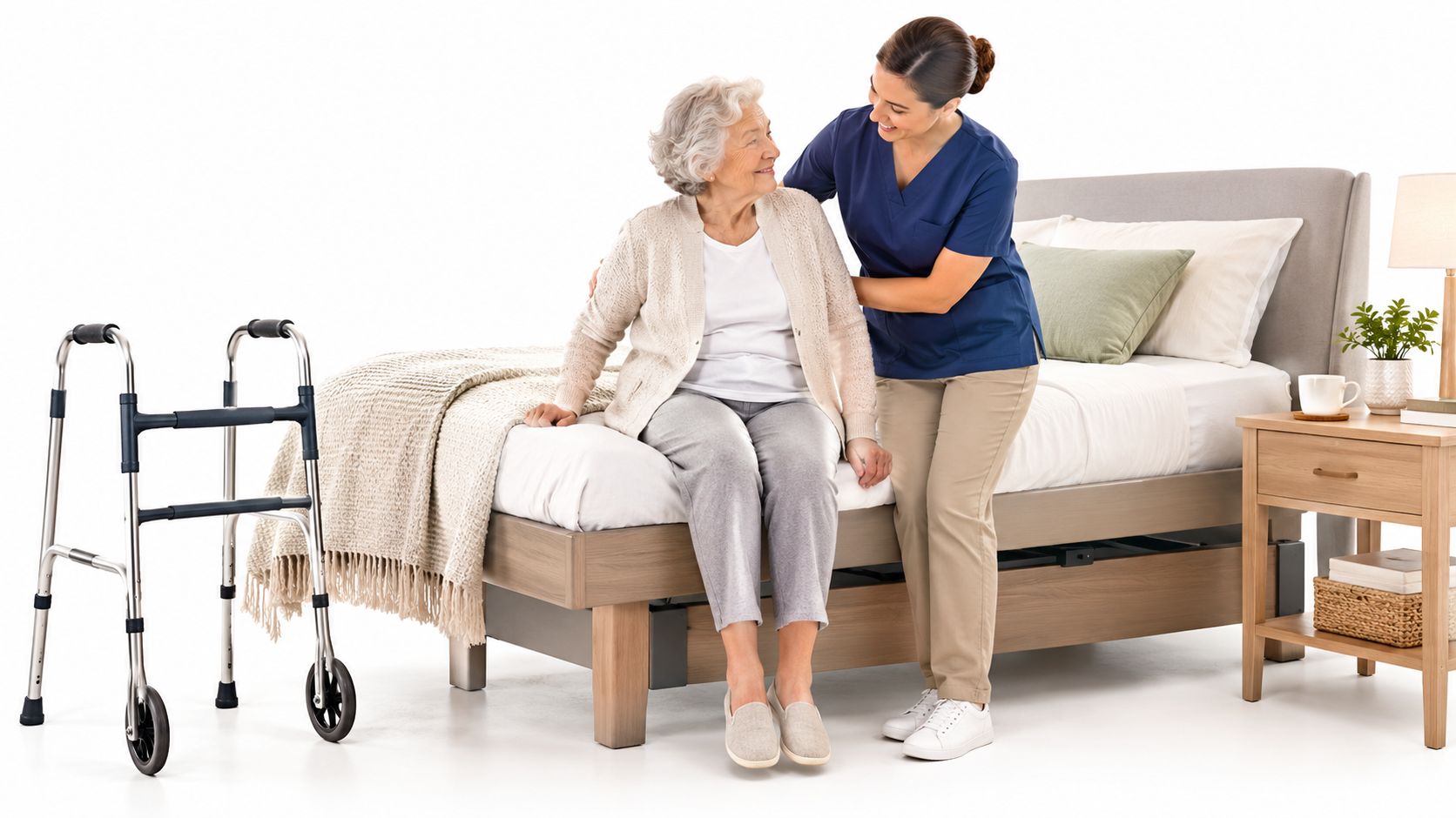A female caregiver helping an elderly woman sit on the edge of a bed in a room.