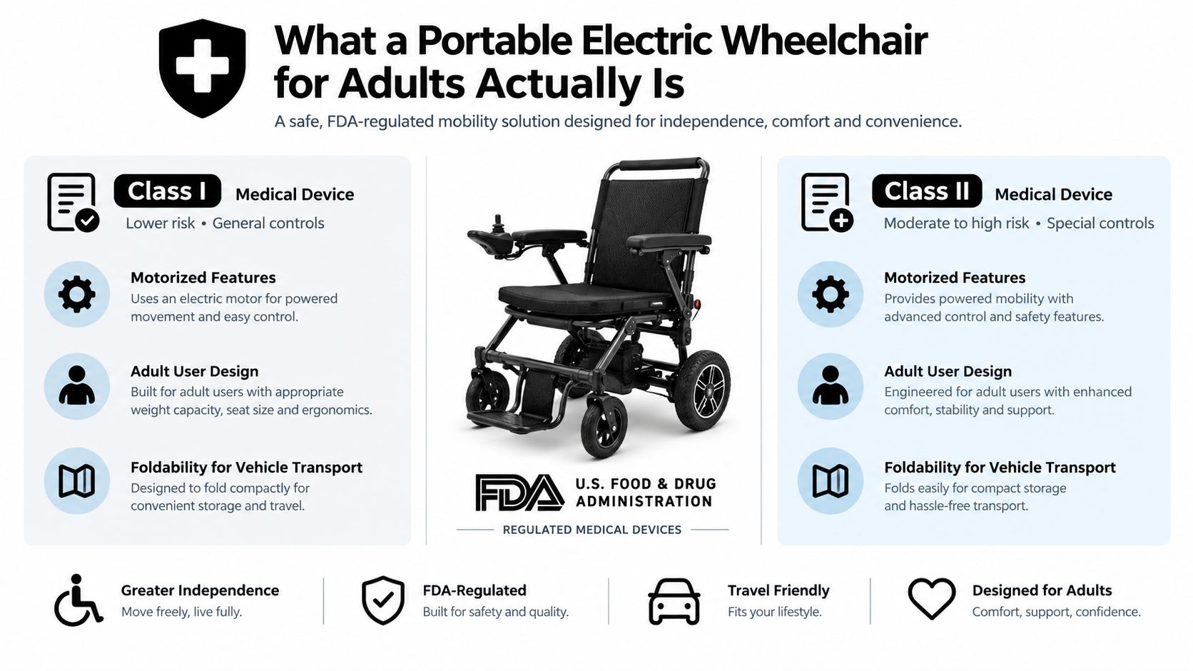 A detailed infographic explaining FDA-regulated portable electric wheelchairs for adults with class I and class II specifications.