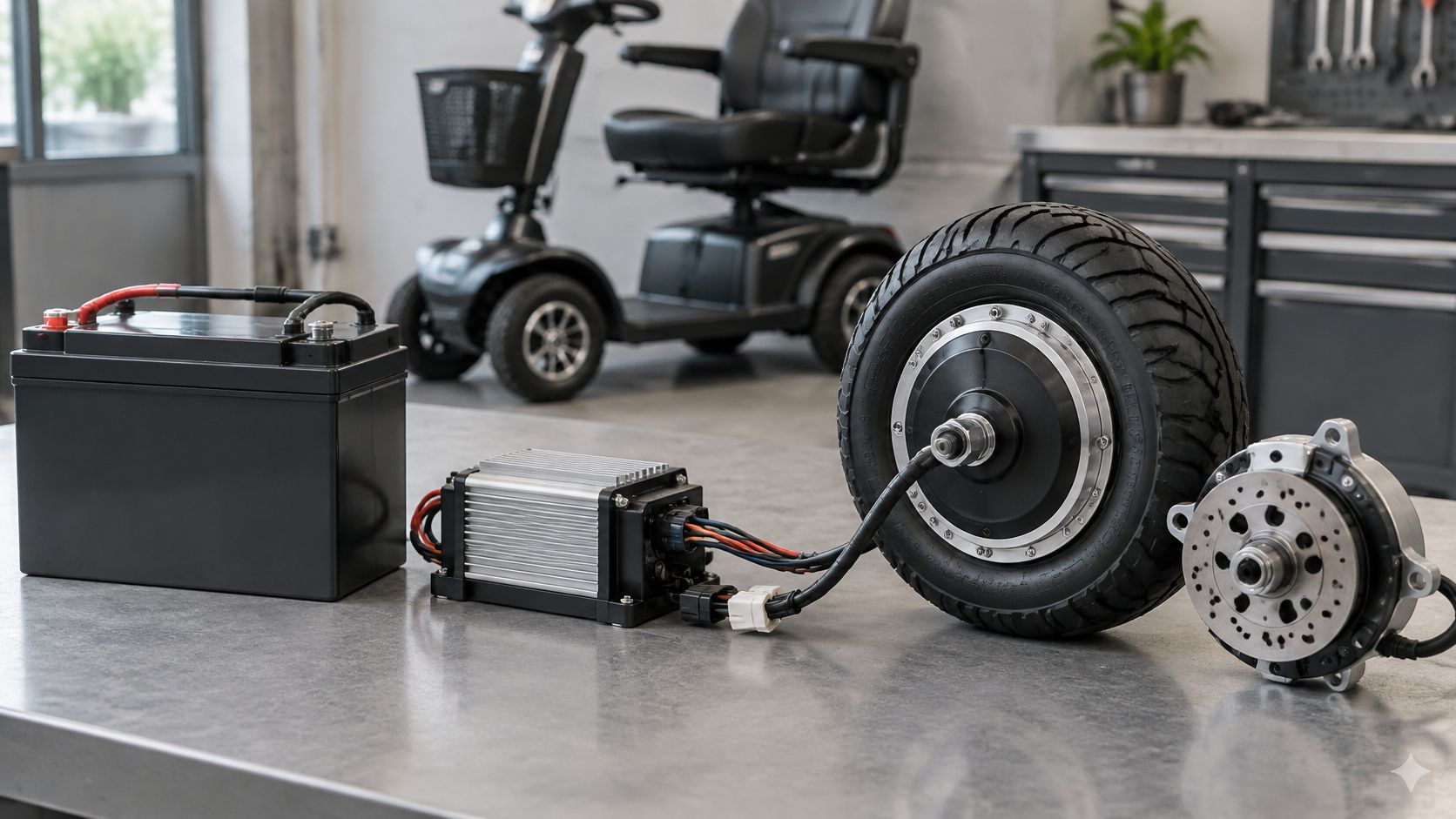 A battery, a motor controller, and a motorized scooter wheel laid out on a workshop metal table.