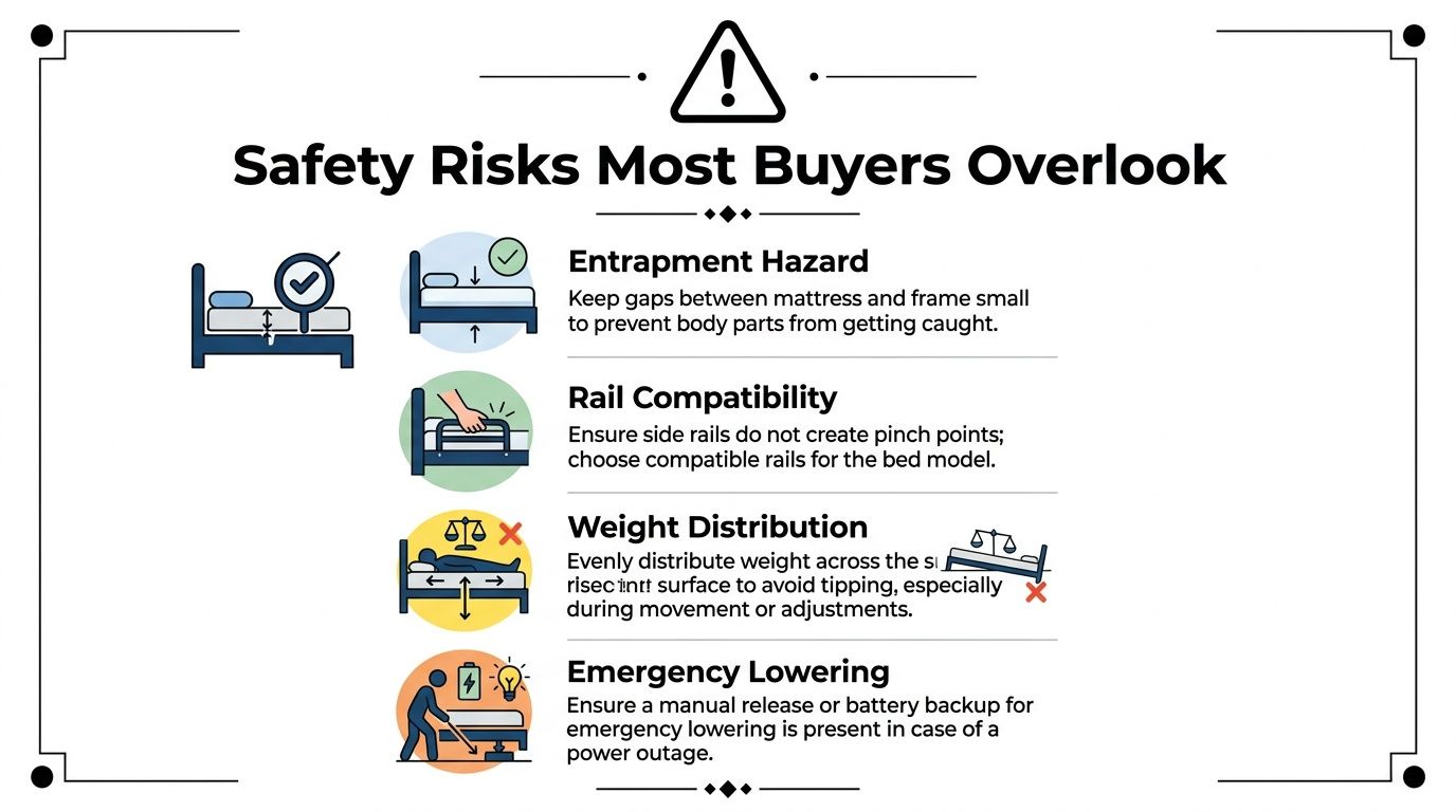 A safety infographic highlighting risks of adjustable beds including entrapment, rail compatibility, weight distribution, and emergency lowering.