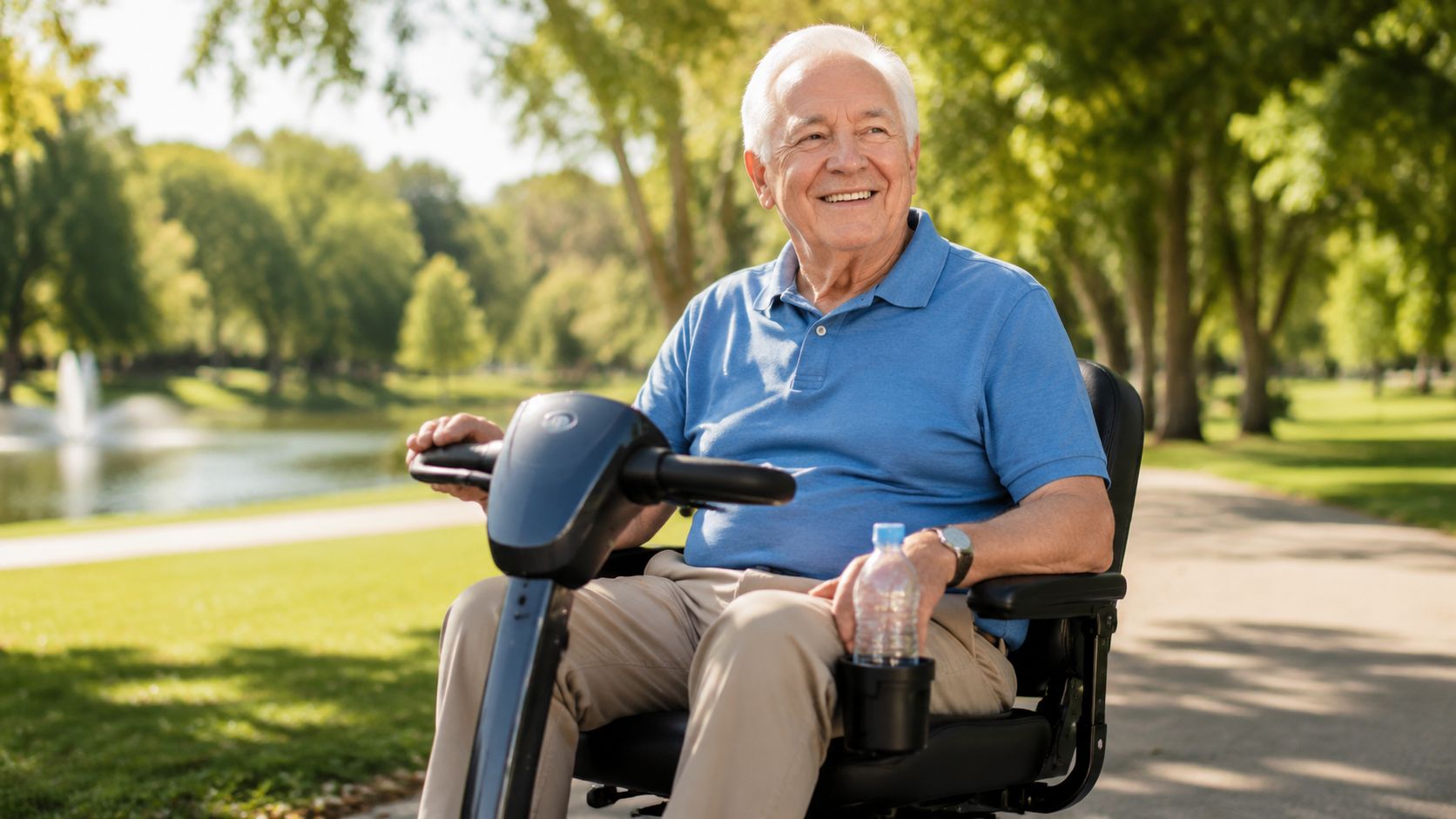 A happy senior man with white hair riding a mobility scooter through a scenic green park.