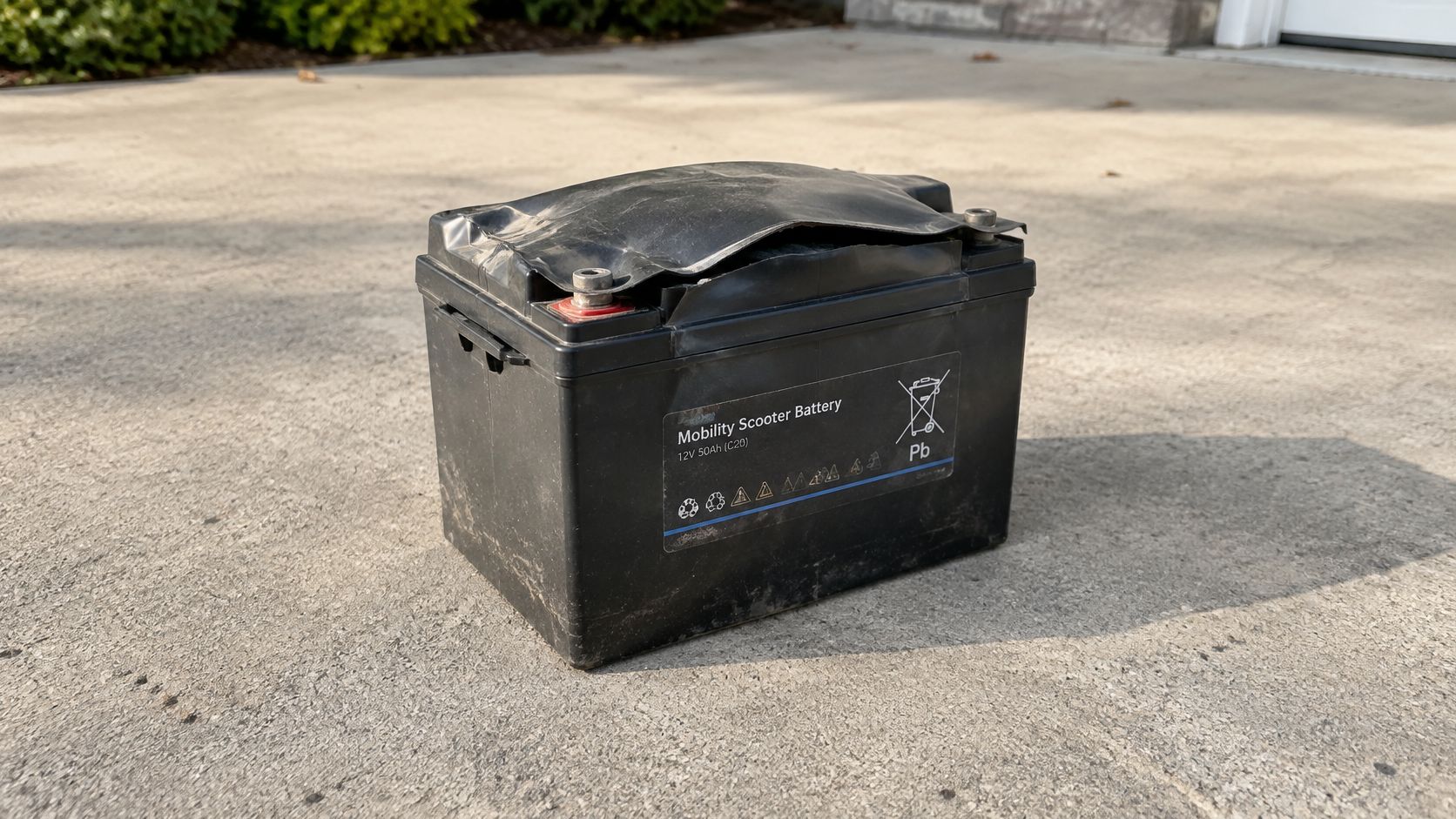A severely swollen and damaged 12V 50Ah lead-acid mobility scooter battery sitting on a concrete surface.