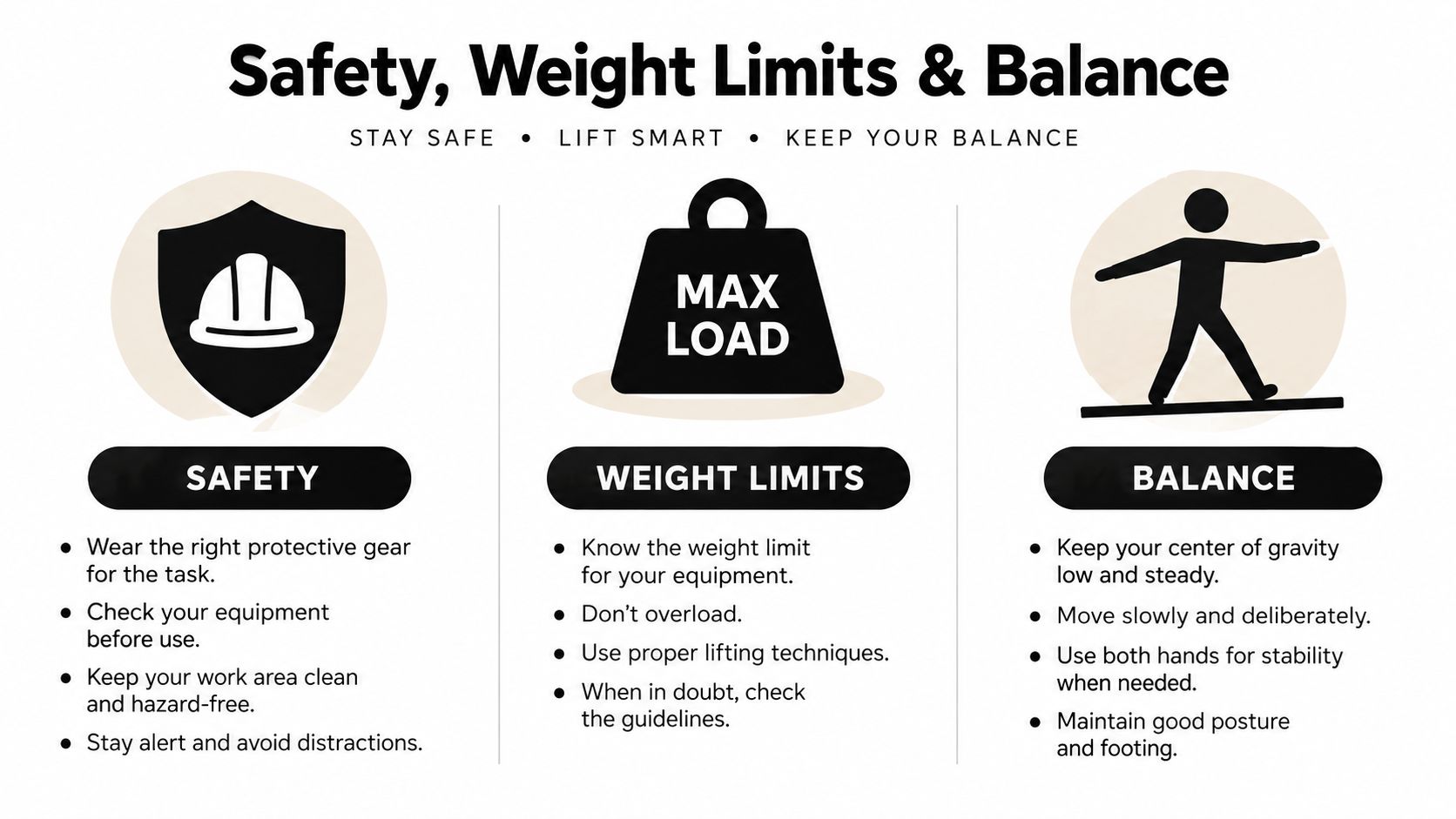 A safety infographic highlighting essential guidelines for maintaining safety, weight limits, and physical balance while working.