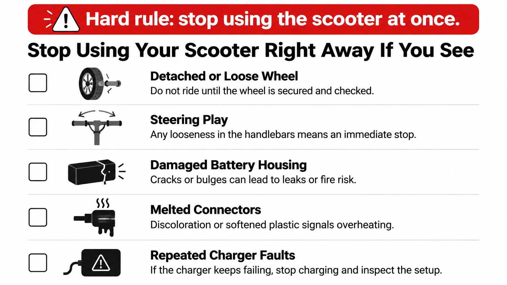 A safety infographic detailing critical signs like damaged wheels and battery issues requiring immediate scooter cessation.