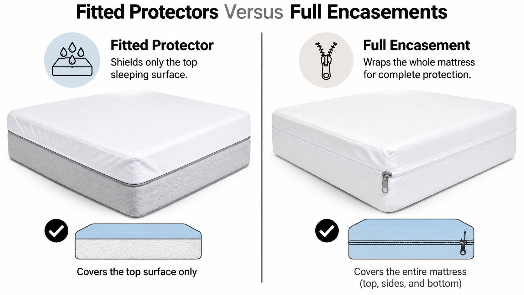 A comparison illustration showing the differences between a fitted mattress protector and a full mattress encasement.