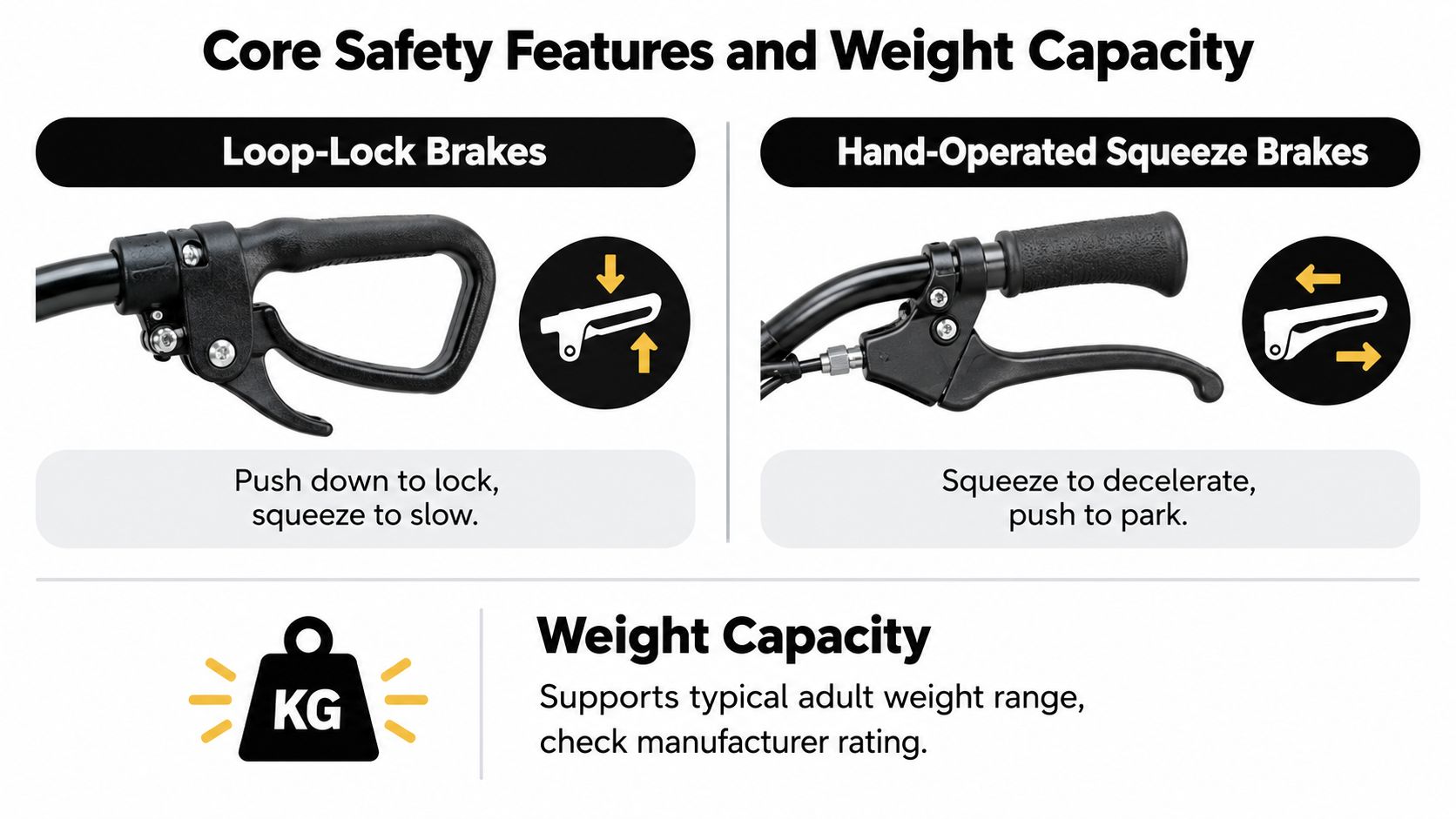 A diagram explaining the brake types and weight capacity of a rollator walker for seniors.