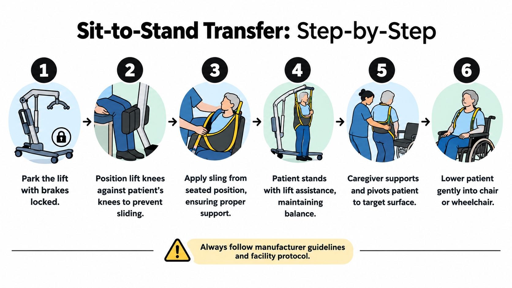 A six-step instructional infographic showing how to safely use a sit-to-stand lift to transfer a patient.