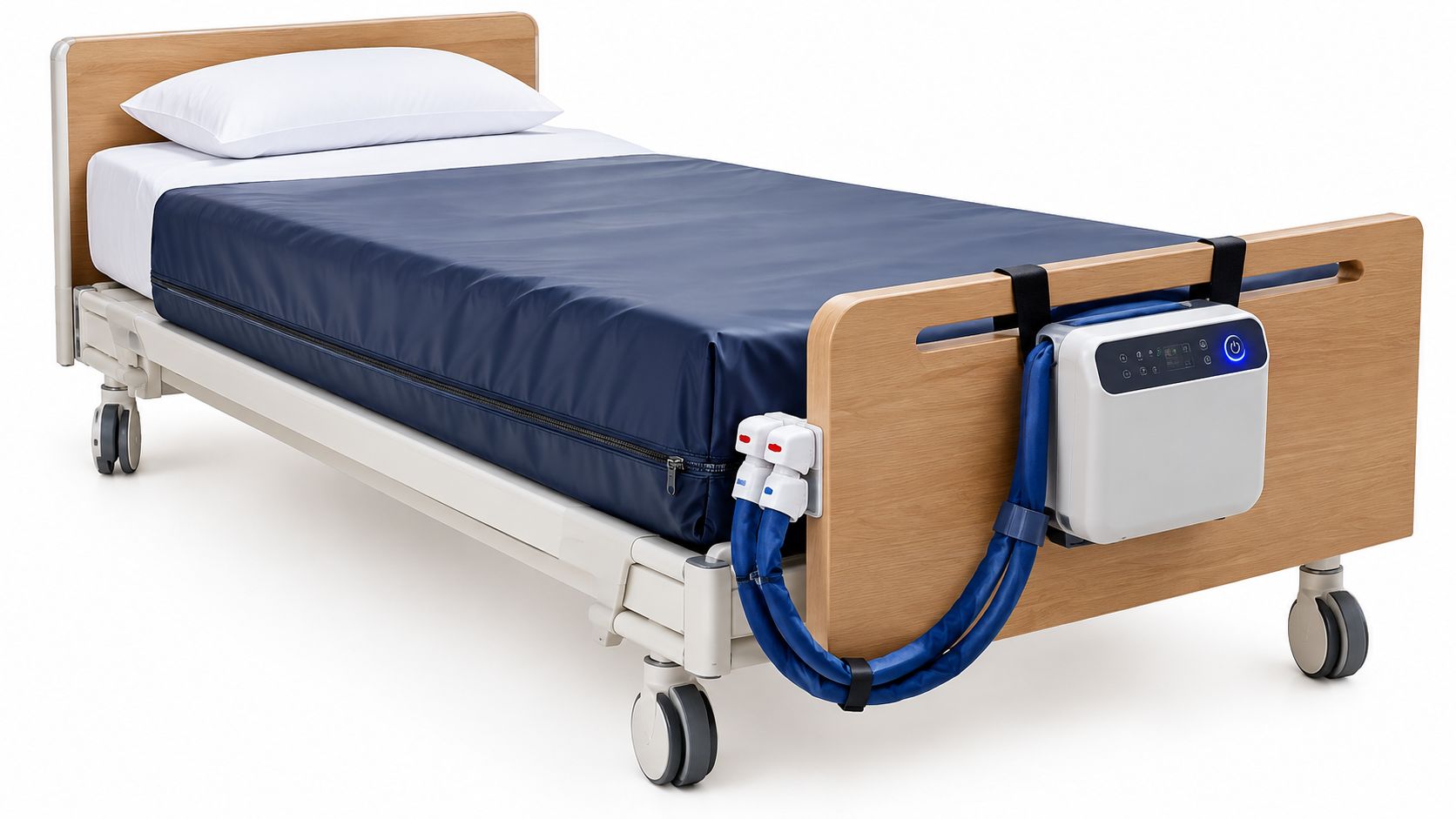 A hospital bed with a dark blue low air loss mattress and an attached control unit pump.