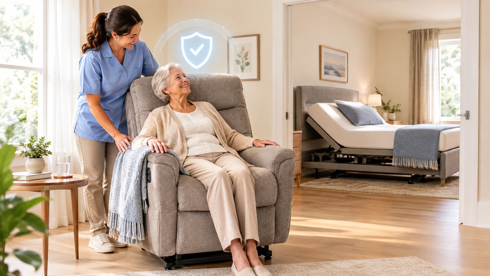 A caregiver smiles at an elderly woman seated in a comfortable recliner chair with a protection symbol.