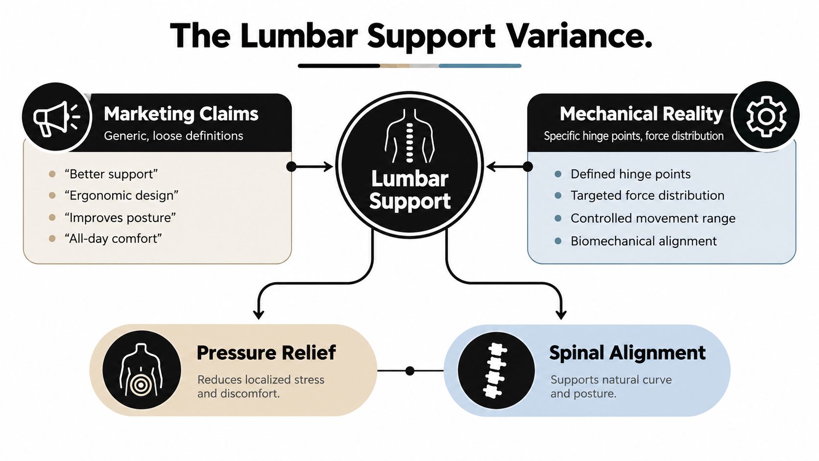 A diagram comparing marketing claims about lumbar support versus the mechanical reality of spinal alignment and support.