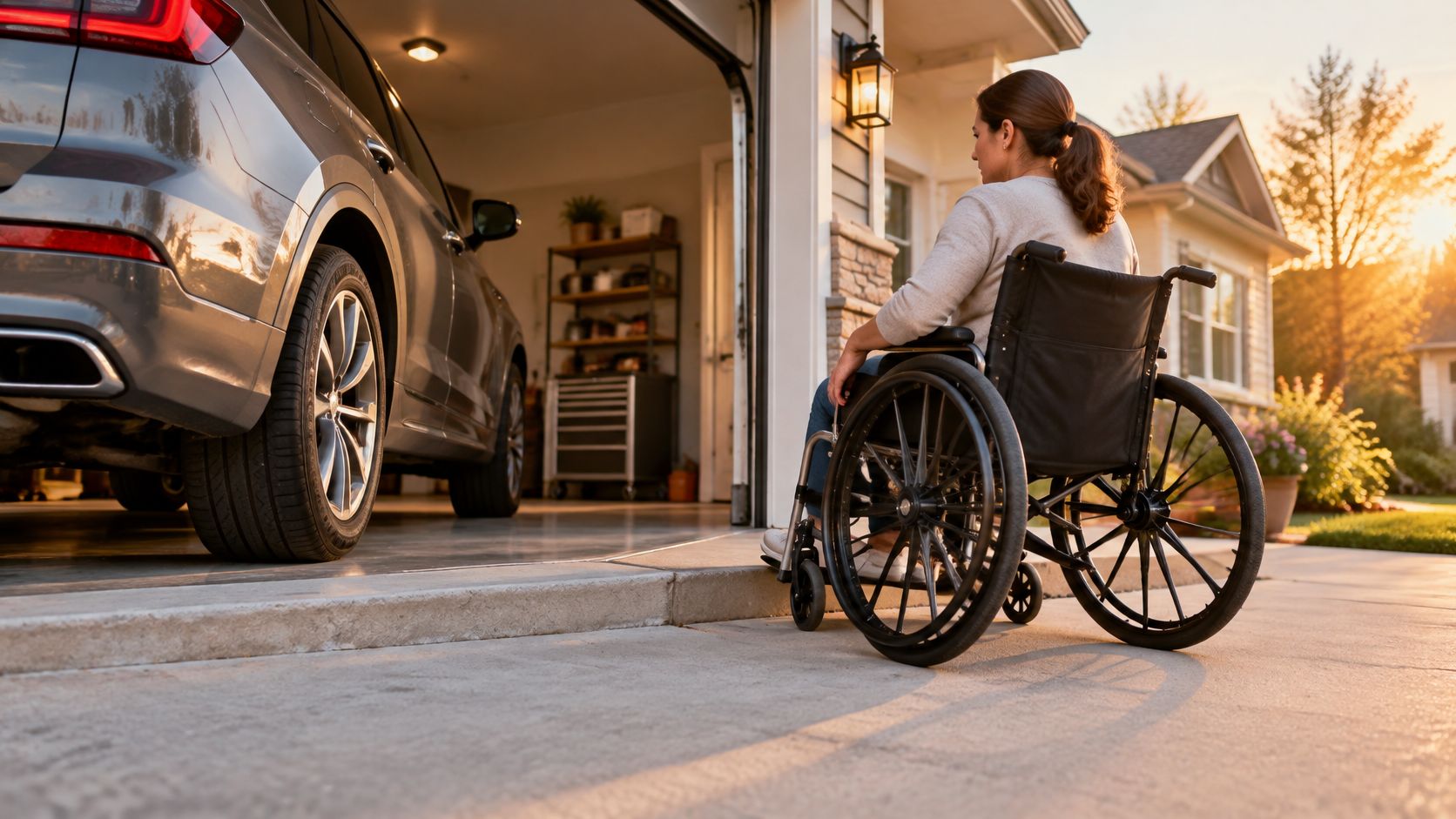 A woman in a wheelchair preparing to enter a garage with a ramp installed for accessibility.