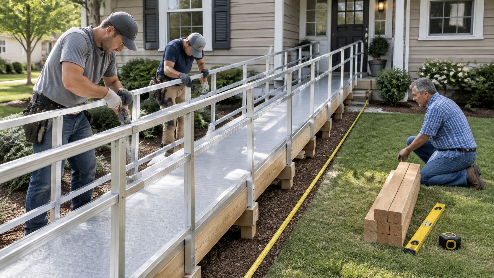 Three construction workers installing a long metal wheelchair accessibility ramp in front of a residential home.