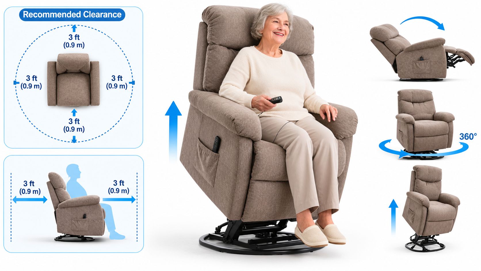 A woman sits in a beige swivel lift chair showing various reclining and lifting positions with clearance guidelines.