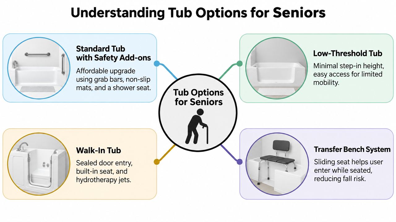 A diagram illustrating four bathroom safety tub options for seniors including walk-in tubs and transfer benches.