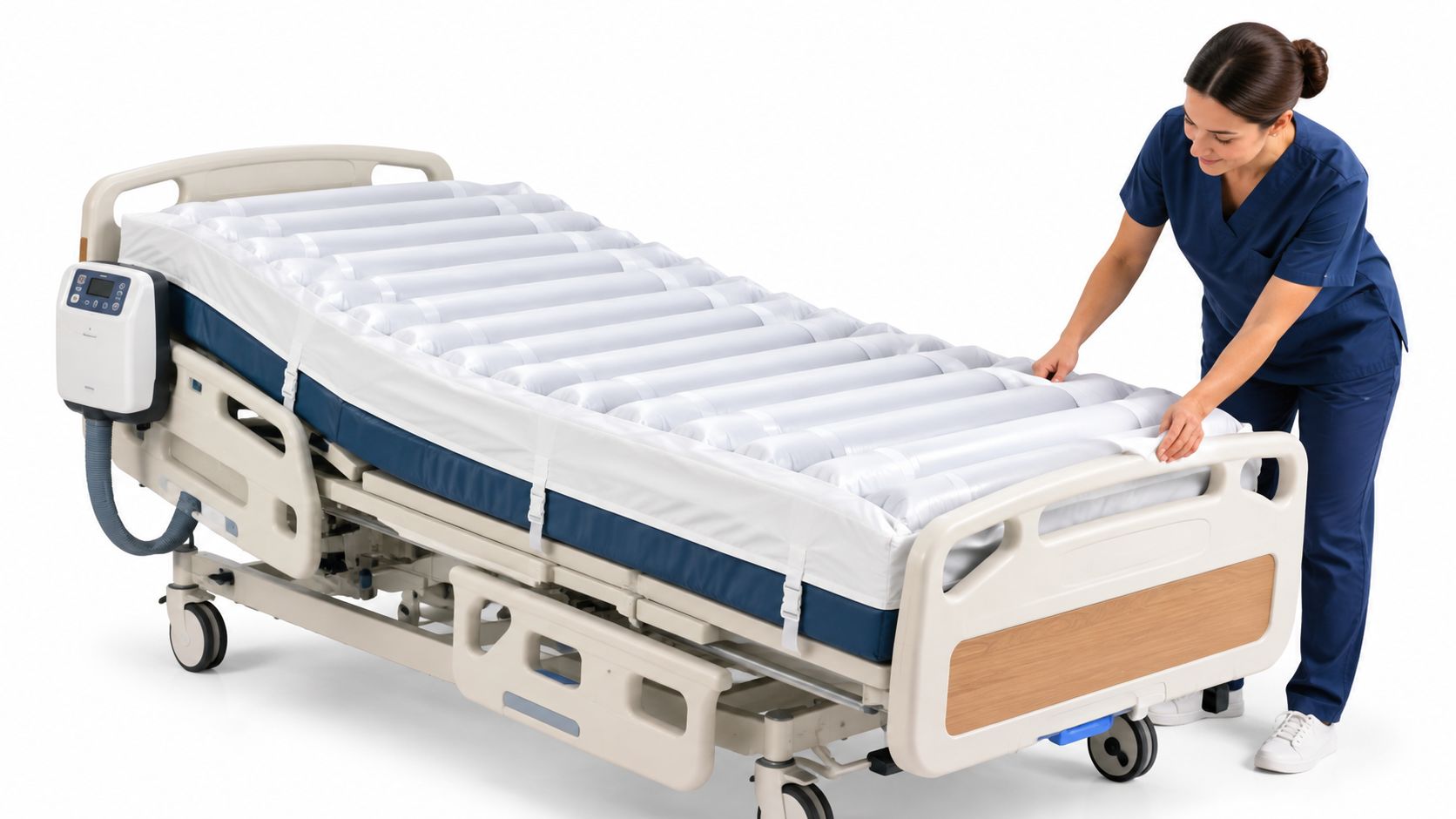 A female nurse adjusting a white pressure relief mattress overlay on a hospital bed in a studio.