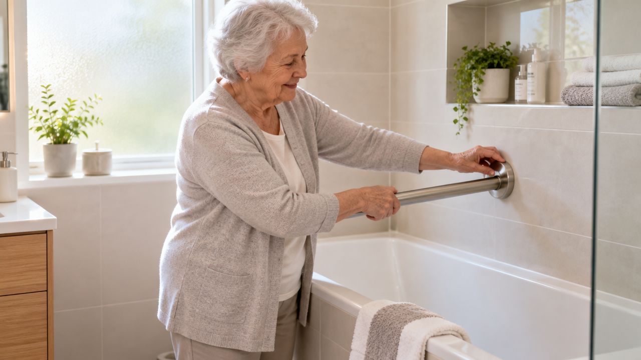 An elderly woman safely holding onto a sturdy wall-mounted safety grab bar installed in a modern bathroom.