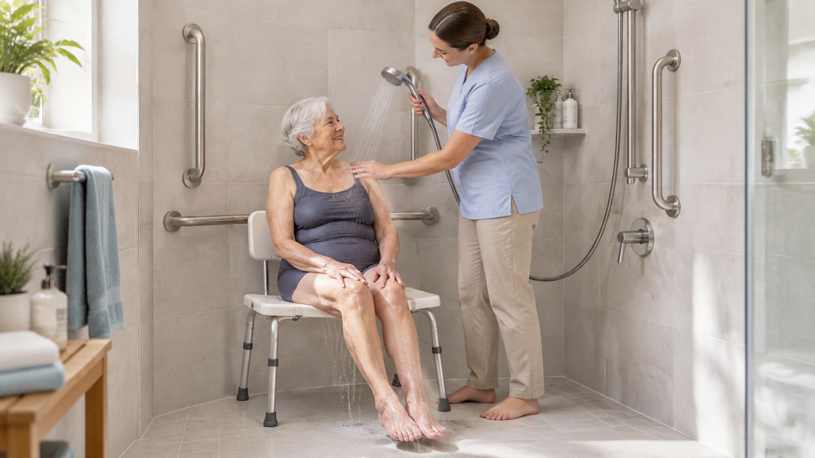 A caregiver helping a senior woman shower using an adjustable shower head in an accessible bathroom.