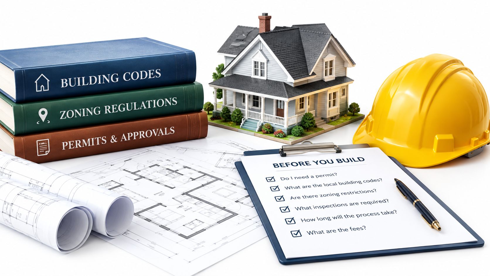 A miniature house, blueprints, building code books, and a safety helmet on a desk with a checklist.