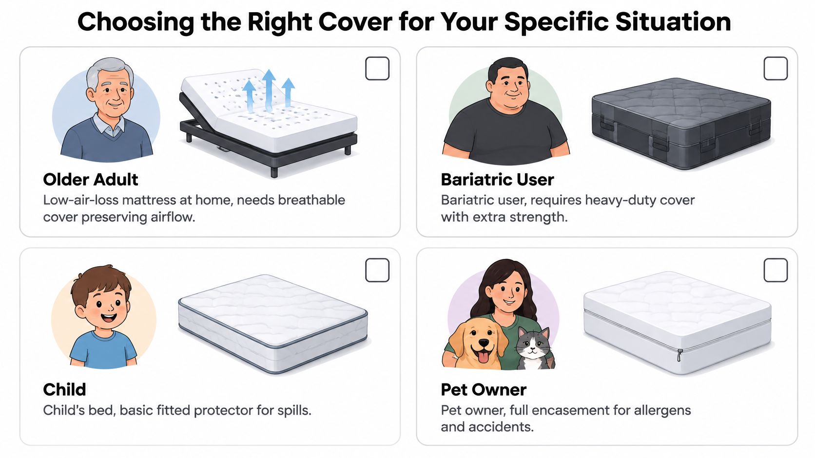A chart illustrating different types of mattress covers recommended for various user needs including adults, children, and pets.