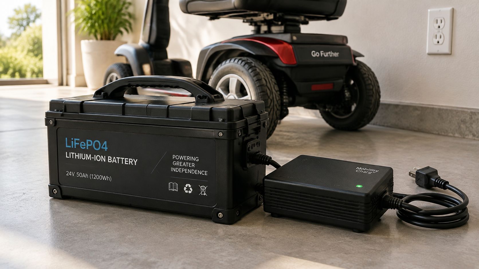 A black lithium-ion battery for a mobility scooter being charged on a concrete garage floor.