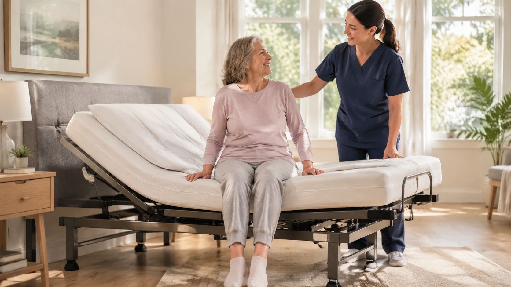A friendly caregiver assisting a smiling senior woman sitting on a comfortable heavy duty adjustable bed frame.