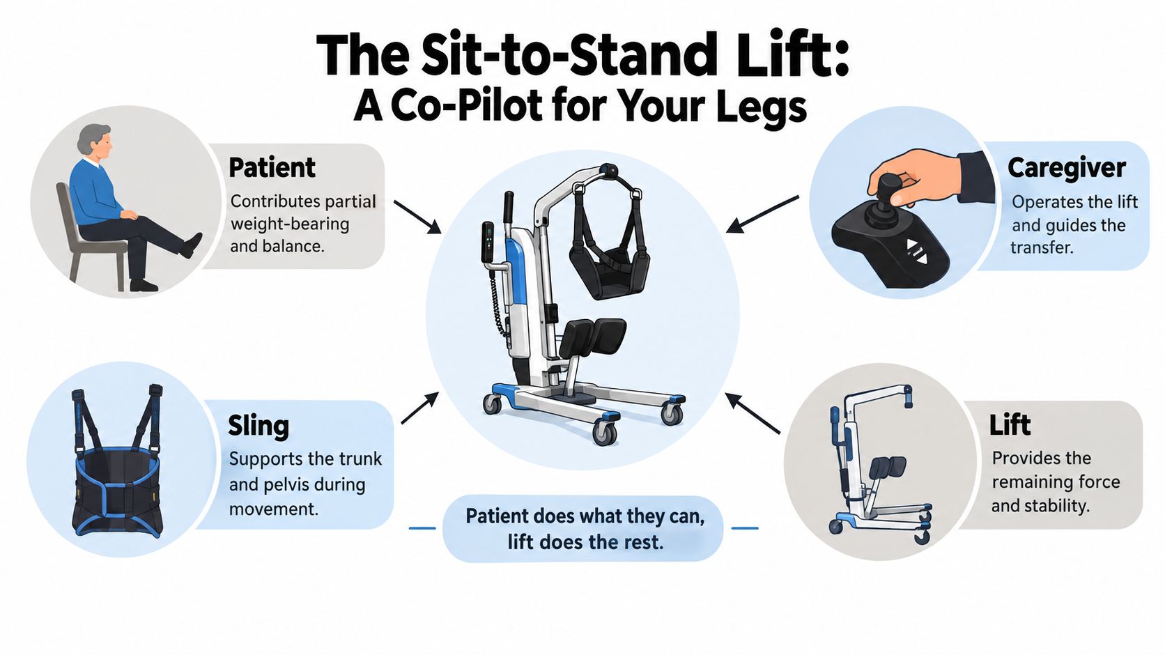 An infographic illustrating how a sit-to-stand patient lift assists individuals with limited mobility in standing up.