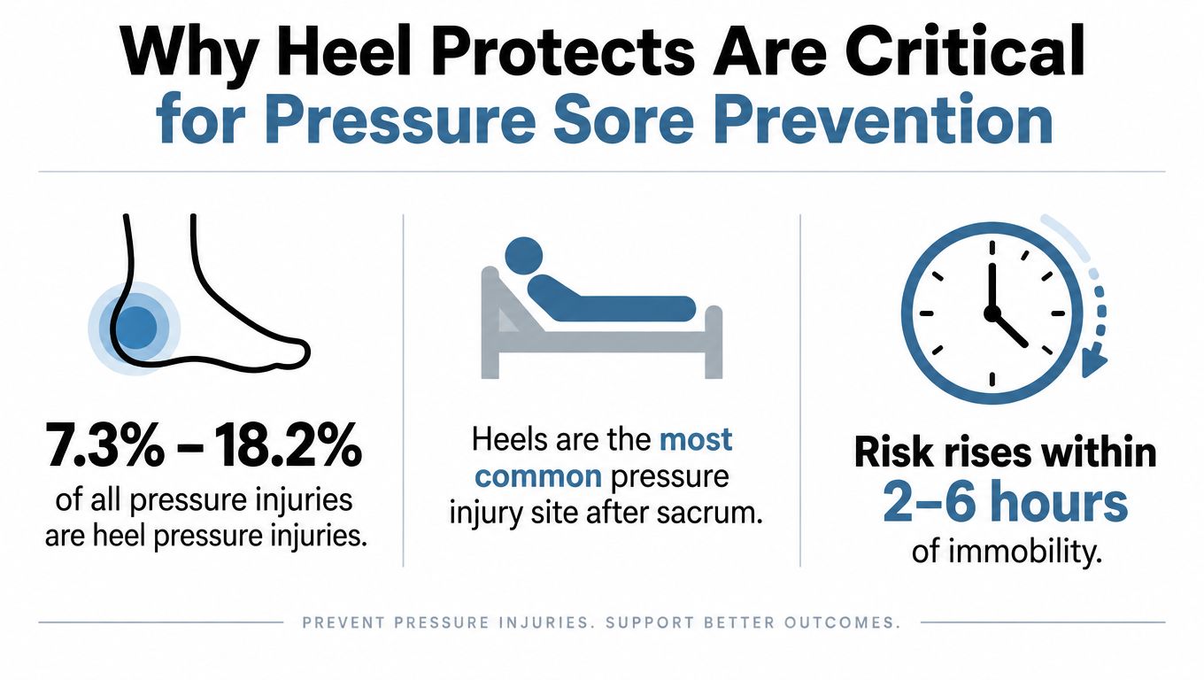 An infographic showing that 7.3 to 18.2 percent of pressure injuries occur on heels, the second most common site.