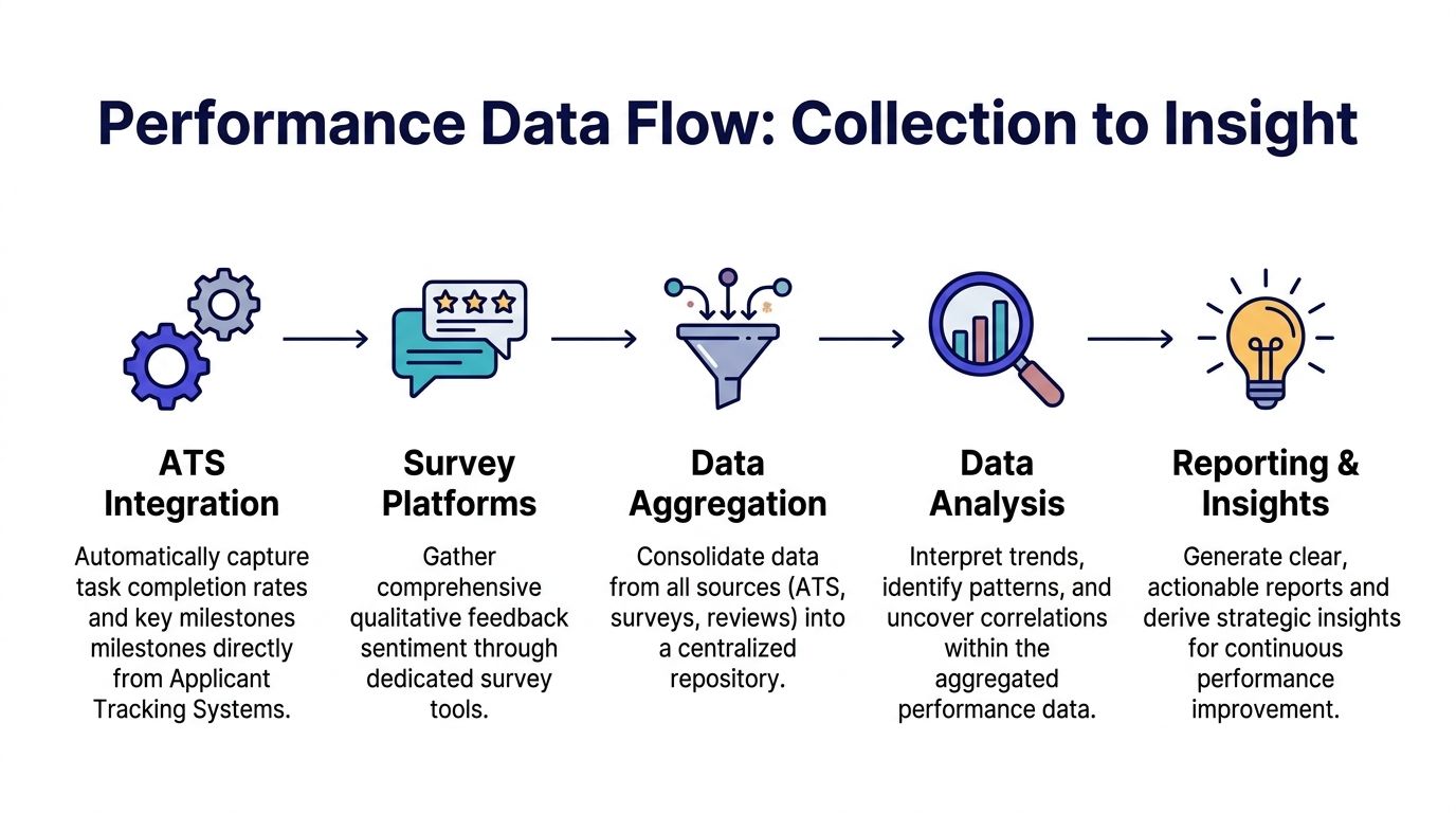 A diagram illustrating the performance data flow process from ATS integration to reporting and actionable insights.