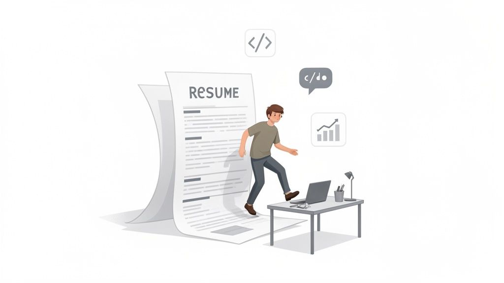 A man stepping from a large resume document onto a desk with a laptop, surrounded by coding and growth icons.