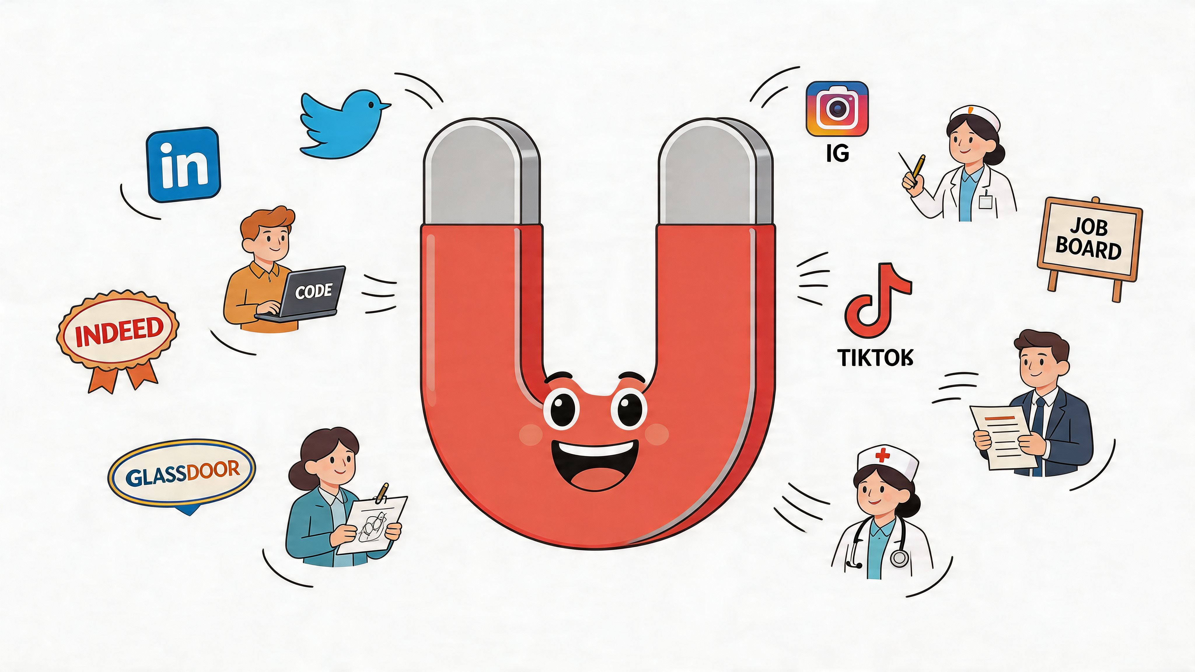 A cartoon magnet attracting various professional people and social media logos as symbols of recruitment and hiring.