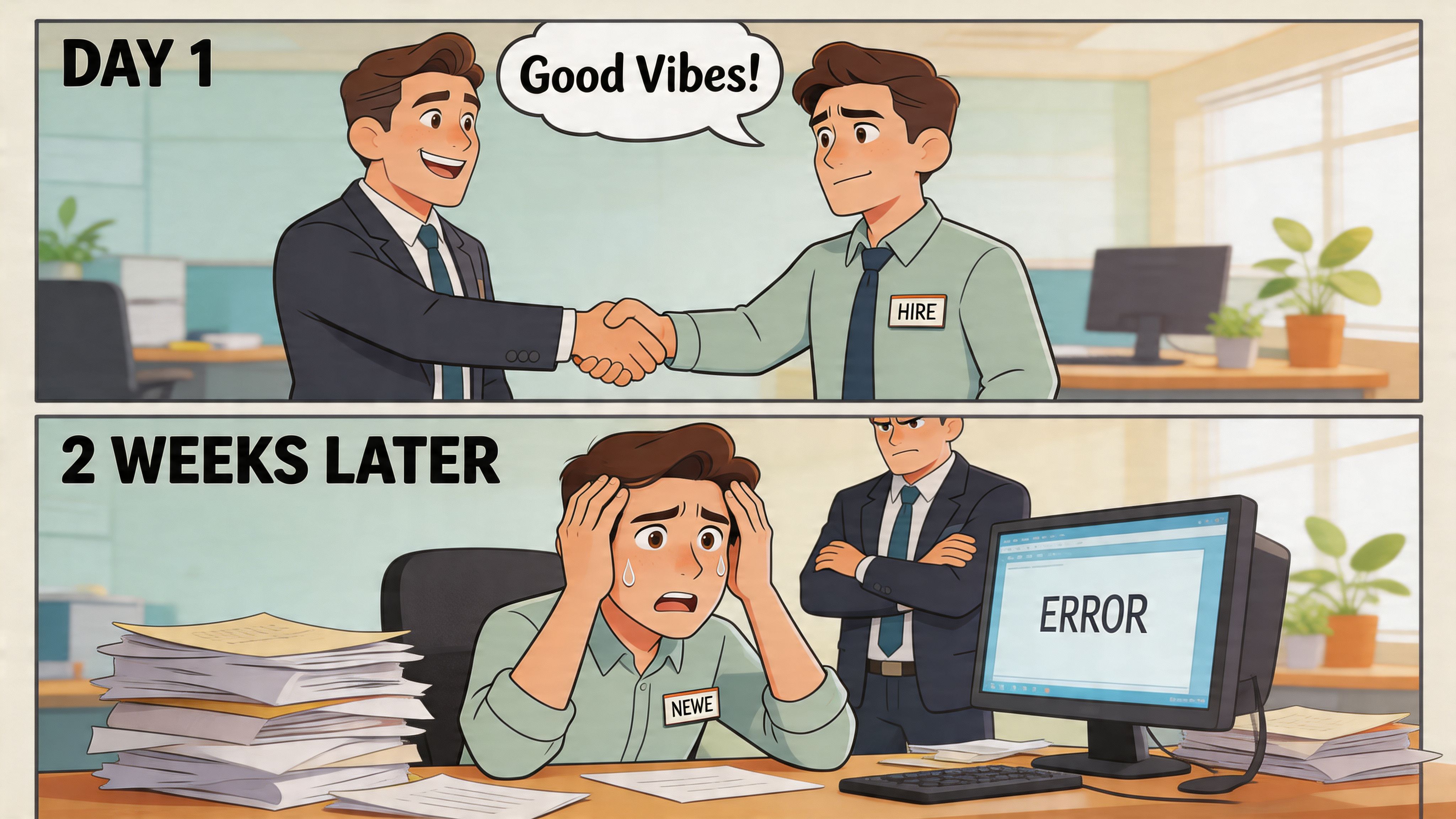 A cartoon showing the contrast between a positive job interview day and a stressful work environment later.